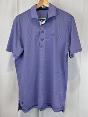 GREYSON Performance Polo Shirt Short Sleeve Striped Purple Blue Logo Size M